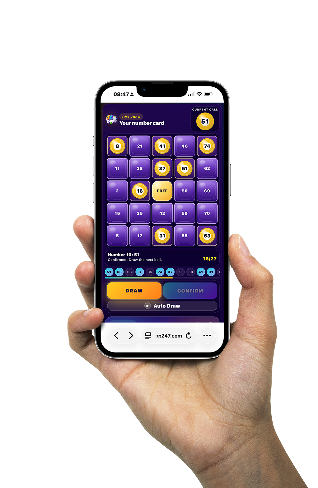 TC Bingo number card shown on a mobile phone